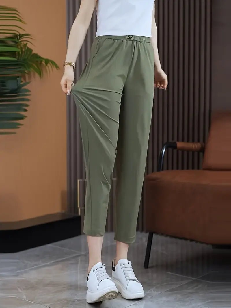 [PAGUE 2 LEVE 3] Calça Feminina Waist em Malha de Seda Gelo com Poliéster e Regulação Térmica (Para Todas as Estações!) + BRINDE Exclusivo