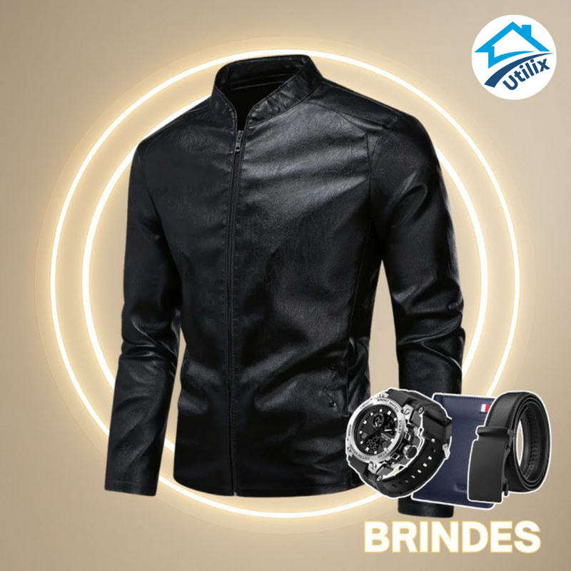 Jaqueta Masculina Zavelle em Couro Legítimo + BRINDES: Cinto, Carteira Relógio