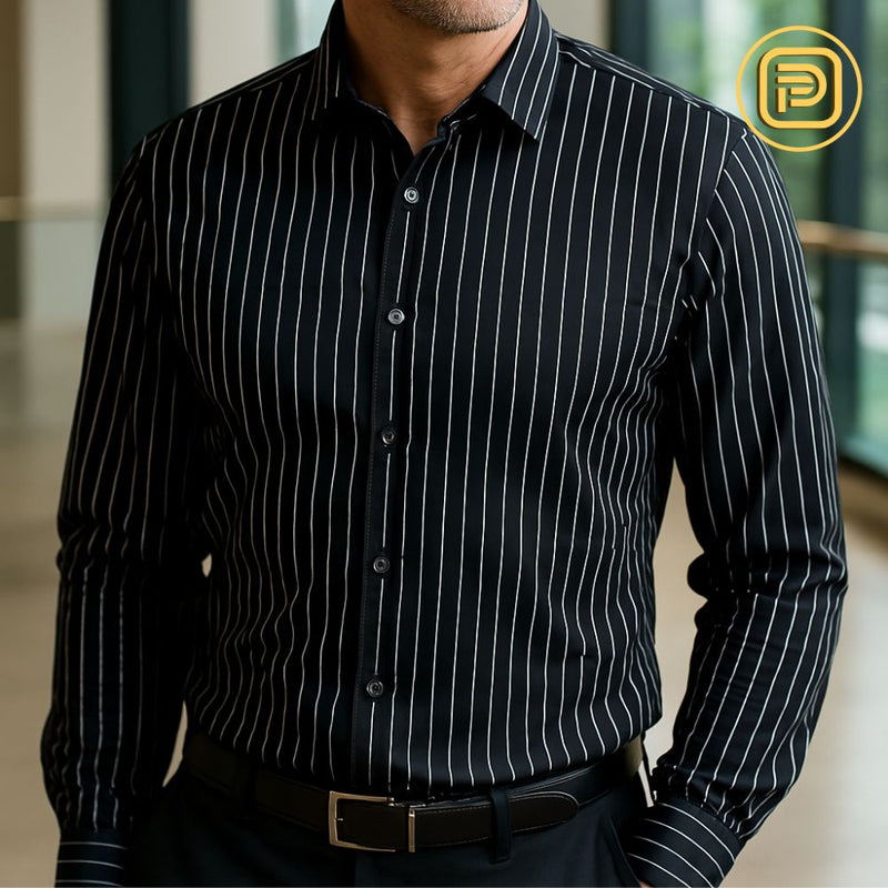 [PAGUE 2 LEVE 4] Kit Camisa Social Listrada Tecnológica Varick em Malha de Seda Gelo (Não Amassa Nem Desbota!) + BRINDES: Cinto, Carteira e Relógio