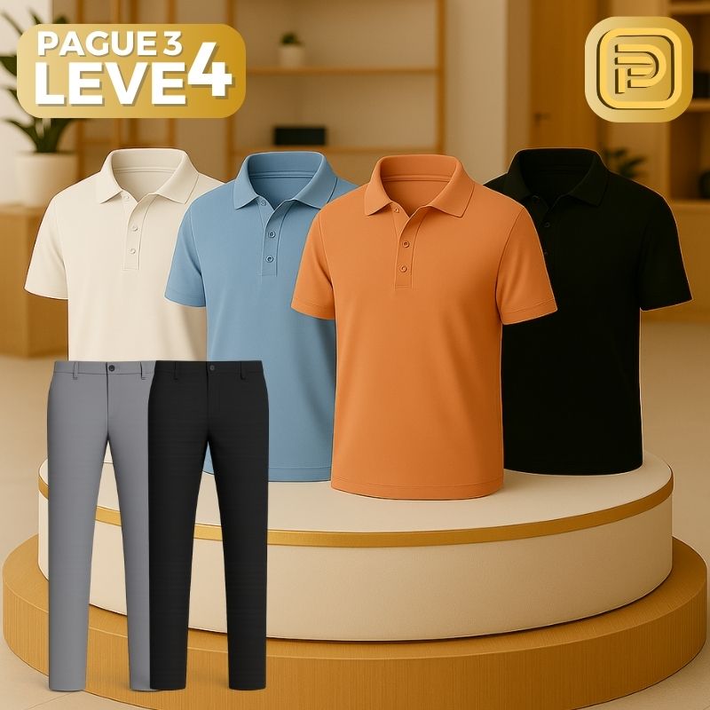 [PAGUE 3 LEVE 4] Camisa Polo Casual em Malha Sem Costura de Seda Gelo e Elastano + BRINDES: 2 Calças Alfaiataria e Cinto