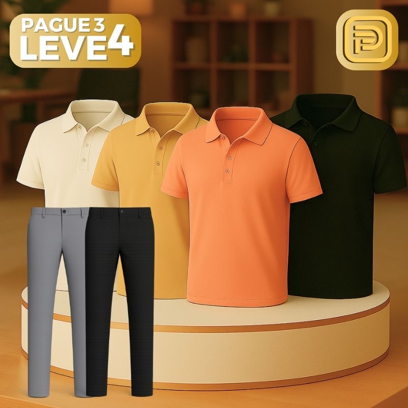 [PAGUE 3 LEVE 4] Camisa Polo Casual em Malha Sem Costura de Seda Gelo e Elastano + BRINDES: 2 Calças Alfaiataria e Cinto