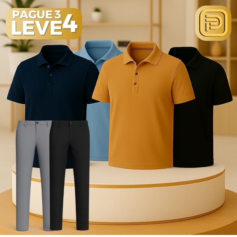 [PAGUE 3 LEVE 4] Camisa Polo Casual em Malha Sem Costura de Seda Gelo e Elastano + BRINDES: 2 Calças Alfaiataria e Cinto