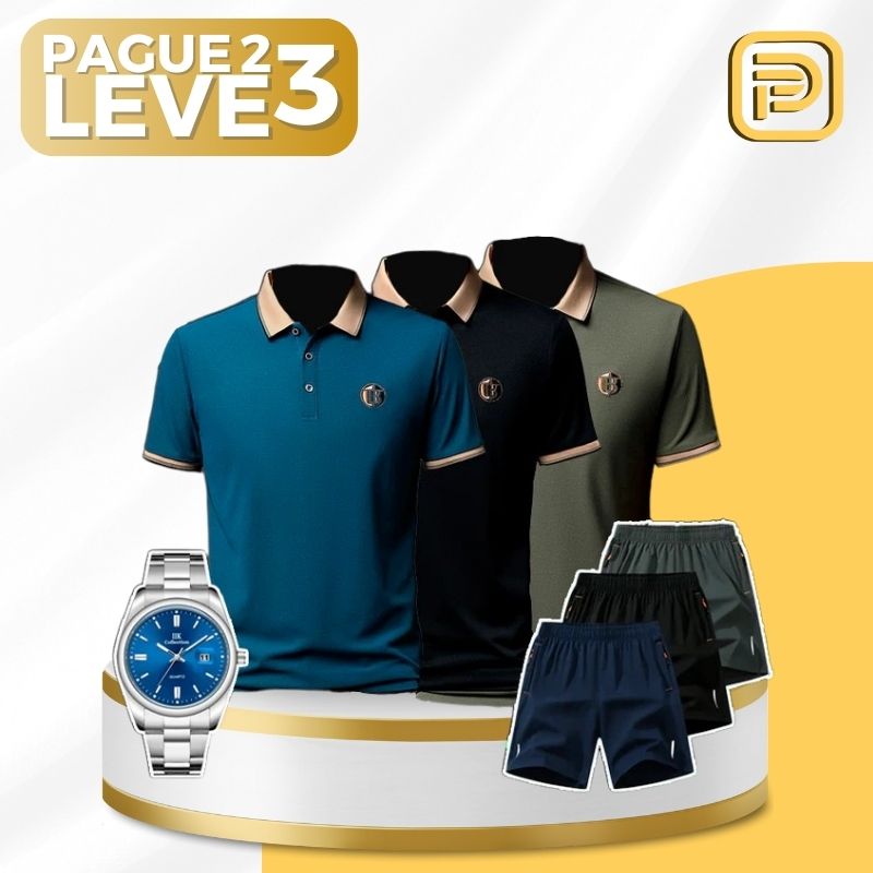 [PAGUE 2 LEVE 3] Camisa Polo Bricks em Viscose e Elastano + BRINDES: 3 Bermudas e Relógio