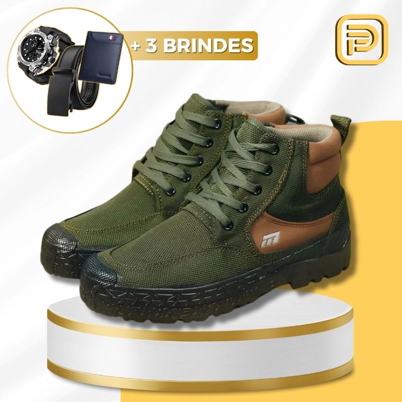 Kit Bota Militar Tactical Masculina de Nylon e Lona Premium + 3 BRINDES: Cinto, Relógio e Carteira