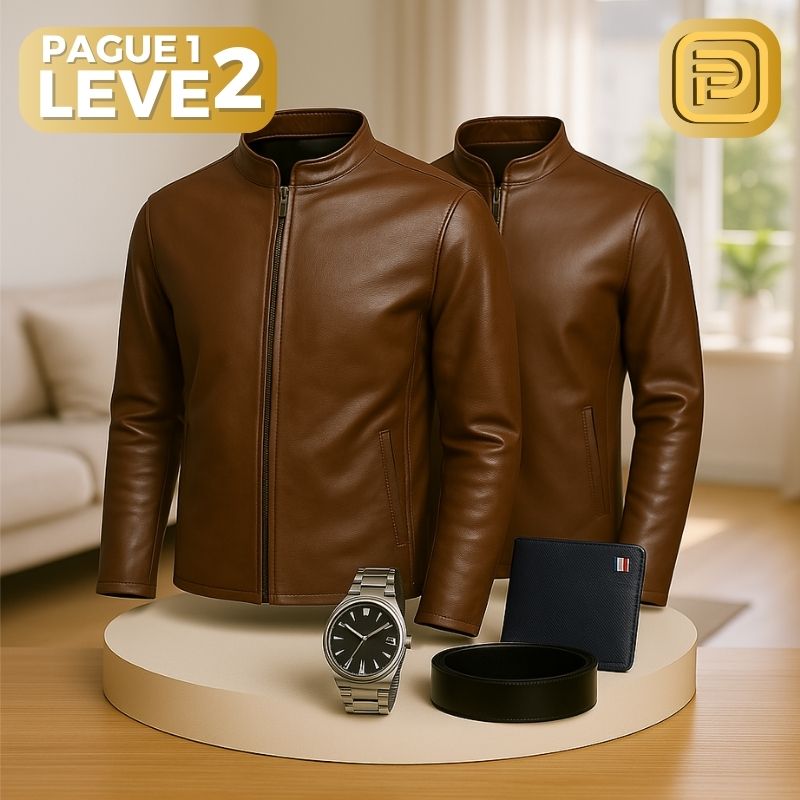 [PAGUE 1 LEVE 2] Jaqueta Masculina Hermes em Couro Legíitmo + BRINDES: Cinto, Carteira e Relógio
