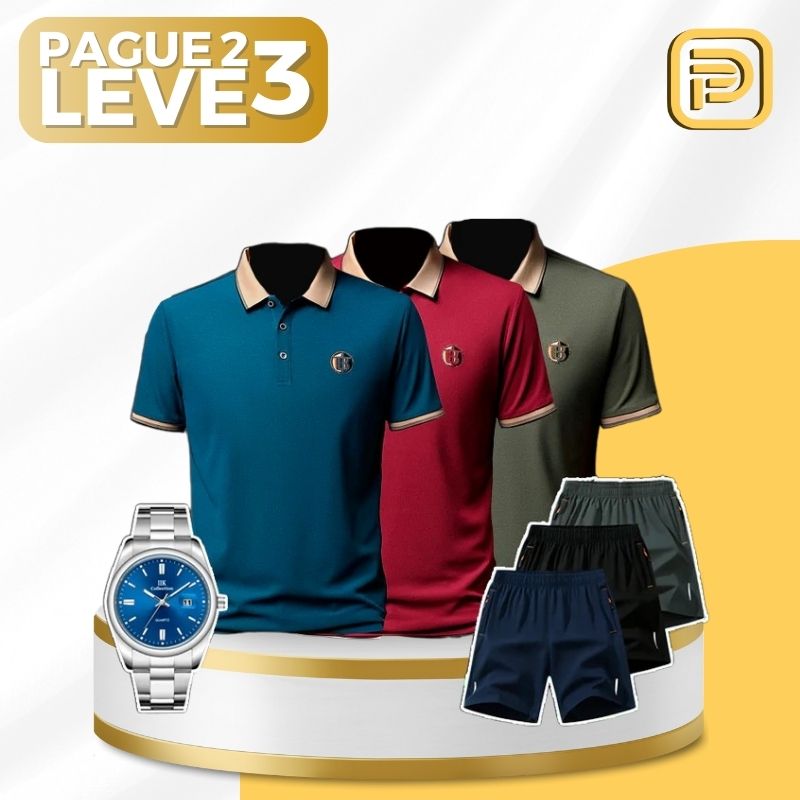 [PAGUE 2 LEVE 3] Camisa Polo Bricks em Viscose e Elastano + BRINDES: 3 Bermudas e Relógio