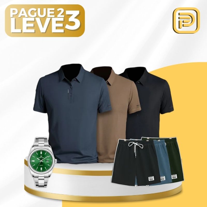 [PAGUE 2 LEVE 3] Camisa Polo Casual Bressan em Viscose com Elastano + BRINDES: 3 Bermudas e Relógio