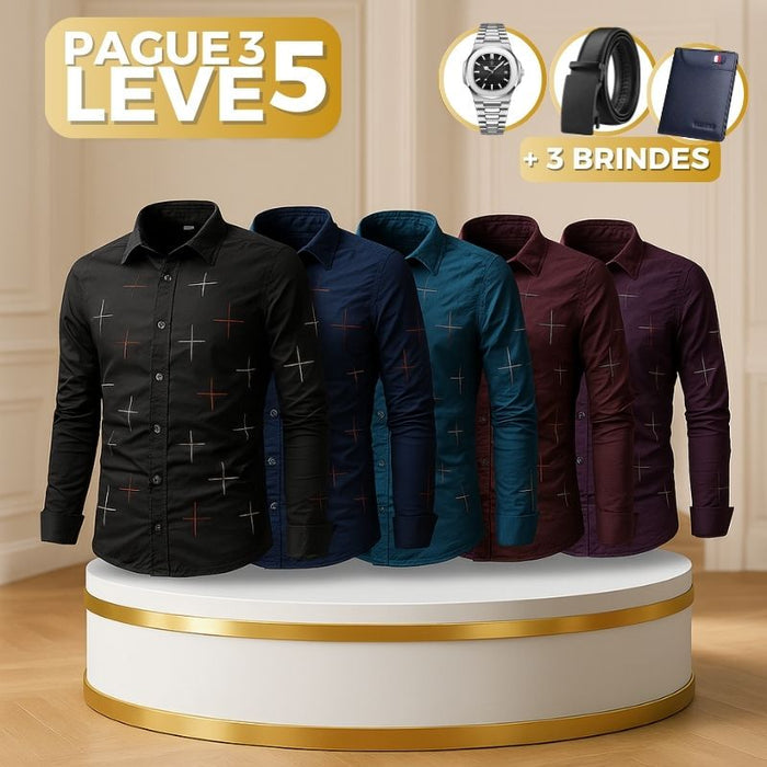 [PAGUE 3 LEVE 5] Camisa Manga Longa Casual European em Seda Gelo e Poliéster + BRINDES: Cinto, Carteira e Relógio