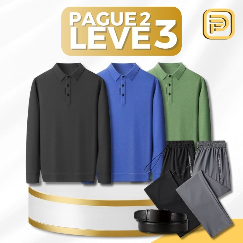 [PAGUE 2 LEVE 3] Camisa Polo Manga Longa Casual Patrick em Seda Gelo, Poliéster e Elastano + BRINDES: 2 Calças e Cinto