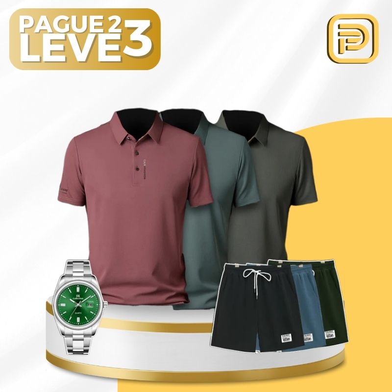 [PAGUE 2 LEVE 3] Camisa Polo Casual Bressan em Viscose com Elastano + BRINDES: 3 Bermudas e Relógio