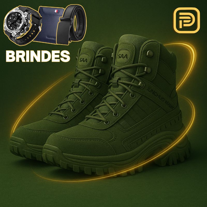 Kit Bota Tática Militar Tarkos Masculina em Couro Legítimo e Nylon + BRINDES: Cinto, Carteira e Relógio Tático