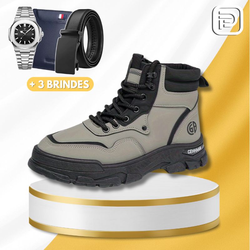 Kit Bota Militar Tática Masculina Kronvak em Couro Legítimo + BRINDES: Cinto, Carteira e Relógio