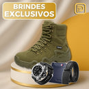 Kit Bota Tática Militar Varkon Masculina em Couro Legítimo e Nylon + BRINDES: Cinto, Carteira e Relógio Tático