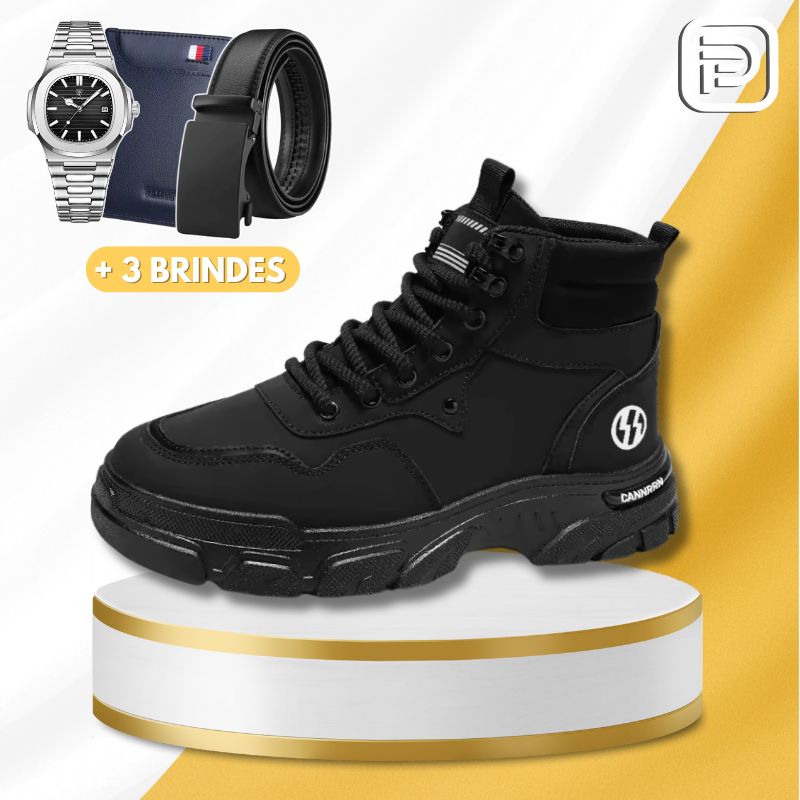 Kit Bota Militar Tática Masculina Kronvak em Couro Legítimo + BRINDES: Cinto, Carteira e Relógio