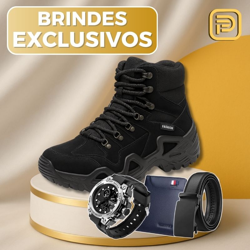 Kit Bota Tática Militar Varkon Masculina em Couro Legítimo e Nylon + BRINDES: Cinto, Carteira e Relógio Tático