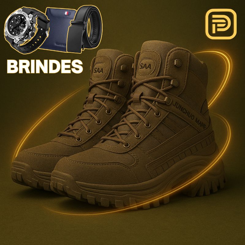 Kit Bota Tática Militar Tarkos Masculina em Couro Legítimo e Nylon + BRINDES: Cinto, Carteira e Relógio Tático