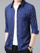 [PAGUE 3 LEVE 5] Camisa Manga Longa Casual European em Seda Gelo e Poliéster + BRINDES: Cinto, Carteira e Relógio