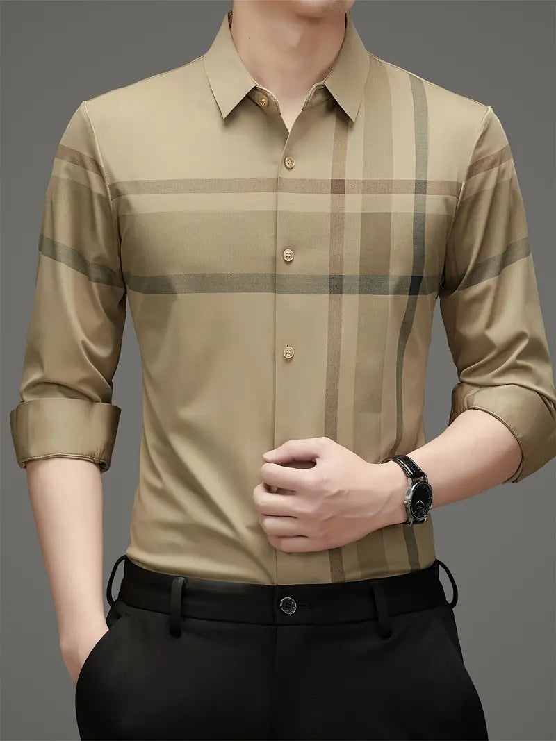 [PAGUE 3 LEVE 5] Camisa Social Manga Longa Britsh Em Seda Gelo Com Elastano + BRINDES: Relógio, Carteira e Óculos de Sol